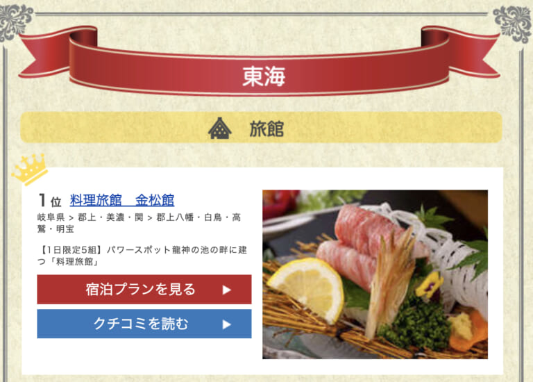 じゃらん「泊まって良かった(夕食)宿ランキング 東海部門」で大和町 金松館 が1位となりました